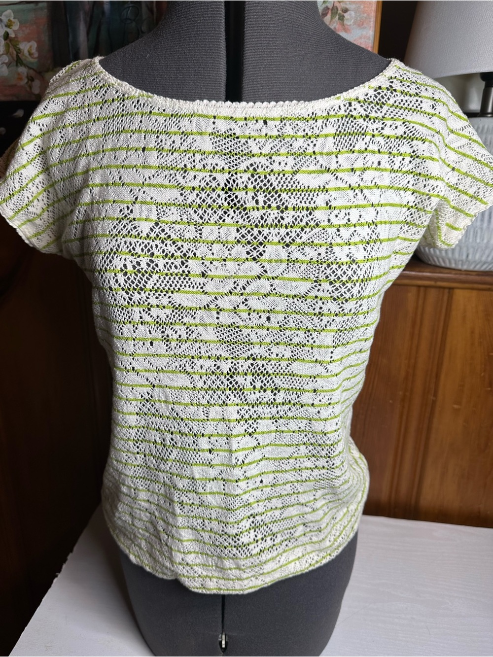 Aeropostale White Knit Short Sleeve Top with Lime Stripe Accents